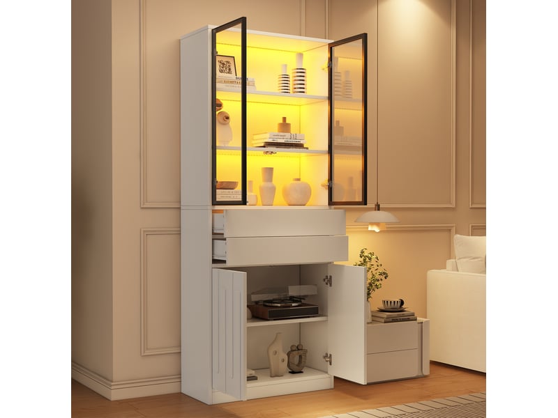 Vitrine led blanche mate 70 x 34 x 180 cm, 4 portes en verre trempé et 2 tiroirs pour exposer vos objets  - Conforama B