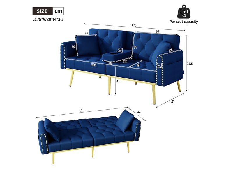 Canapé droit convertible 2 places en velours bleu, dossier réglable 3 positions avec porte-gobelets rangement latéral - Conforama C