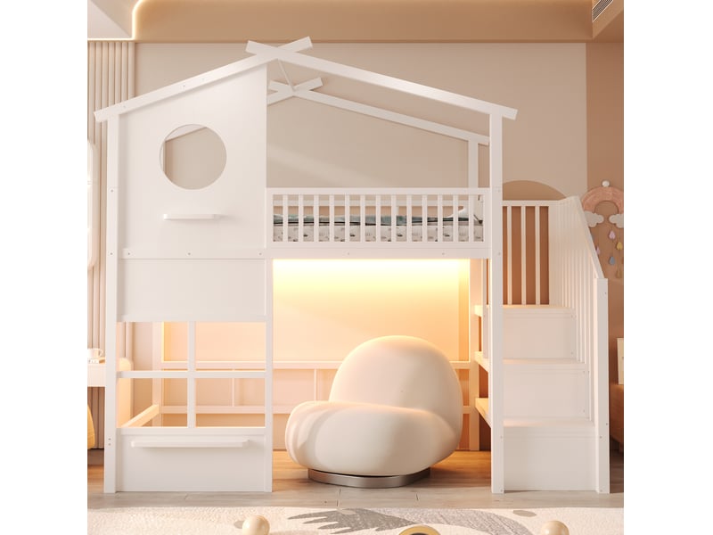 Lit mezzanine 90x200 cm avec bande led et escalier avec rangements intégrés, métal, coloris blanc vendu sans matelas - Conforama B