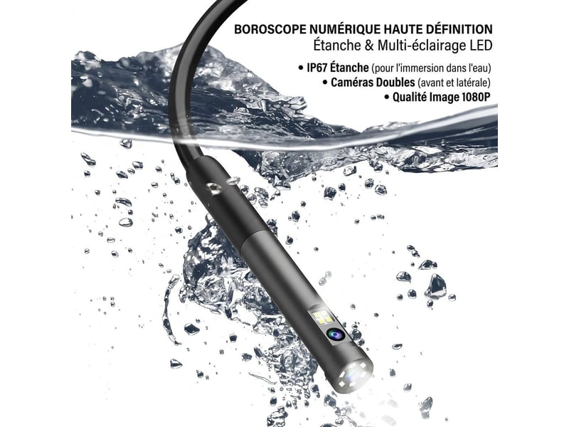 Caméra endoscope wifi hd 1080p double objectif étanche ip67 – caméra d'inspection 2.0 mp pour smartphone ios et android avec câble semi-rigide 1m, usb-c et adaptateurs lightningmicro-usb – noir - Conforama C