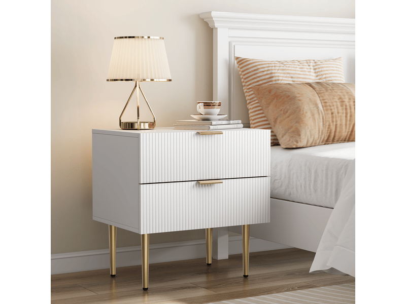  Table de chevet avec 2 tiroirs en mdf et panneaux de particules blancs à pieds métalliques  - Conforama B