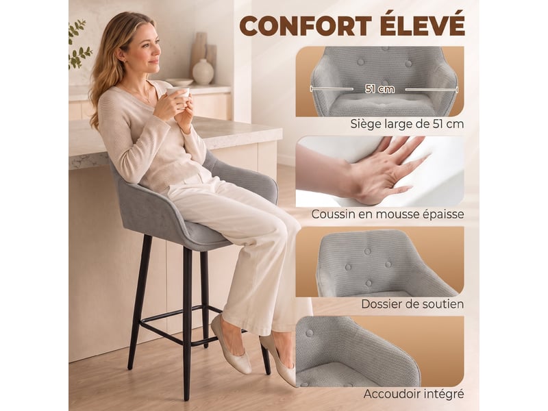  Lot de 2 tabourets de bar, chaises de bar rembourrées en chenille, assise large 67h cm, dossier et repose-pieds, gris  - Conforama E