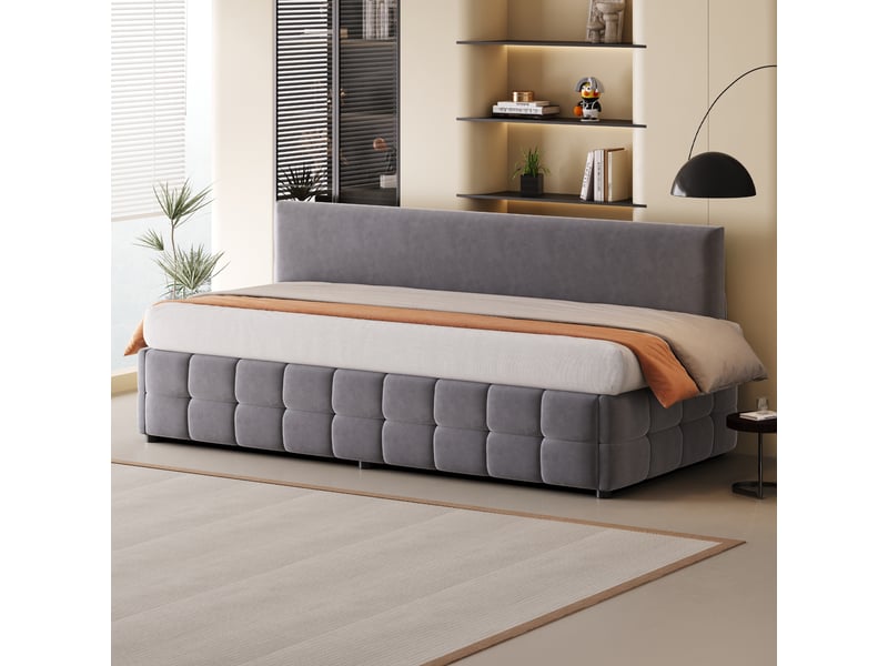  Lit banquette 90 x 200 cm gris foncé en velours avec coffre hydraulique, dossier sans accoudoirs, motif damier bas et sommier à lattes chambre  - Conforama D