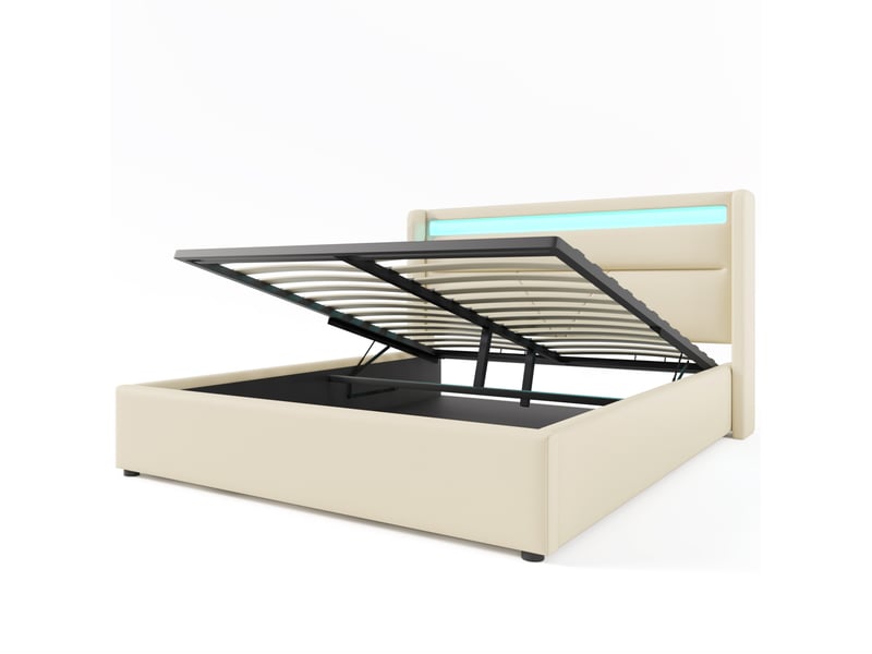  Lit coffre adulte 160x200 cm – blanc – rangement hydraulique, led télécommandée et sommier à lattes  - Conforama D
