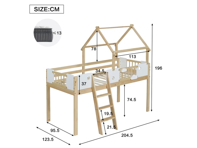  Lit mezzanine enfant 90x200 cm avec toit, échelle 3 marches, blanc et bois  - Conforama C