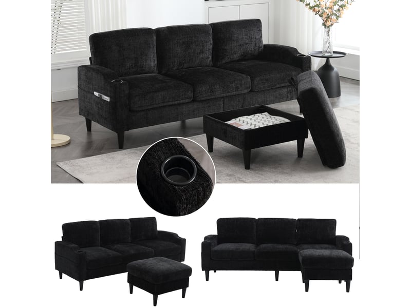  Canapé 4 places 196.5x75x77 cm, avec pouf et rangement, structure en métal et bois, noir  - Conforama E
