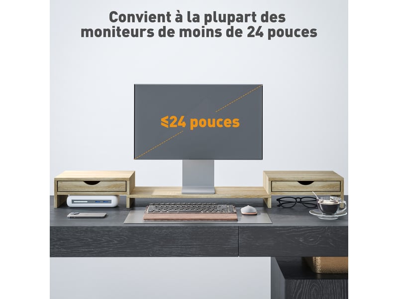  Rehausseur écran pc bureau support d'ordinateur d'écran de 60-116 cm avec 2 tiroirs, longueur et angle réglables  - Conforama W