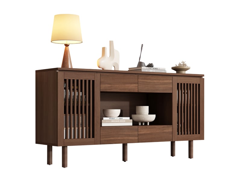  Buffet bas 140x35x71 cm avec  4 tiroirs et 2 portes à lamelles en mdf, pieds en bois, couleur marron, design simple  - Conforama A