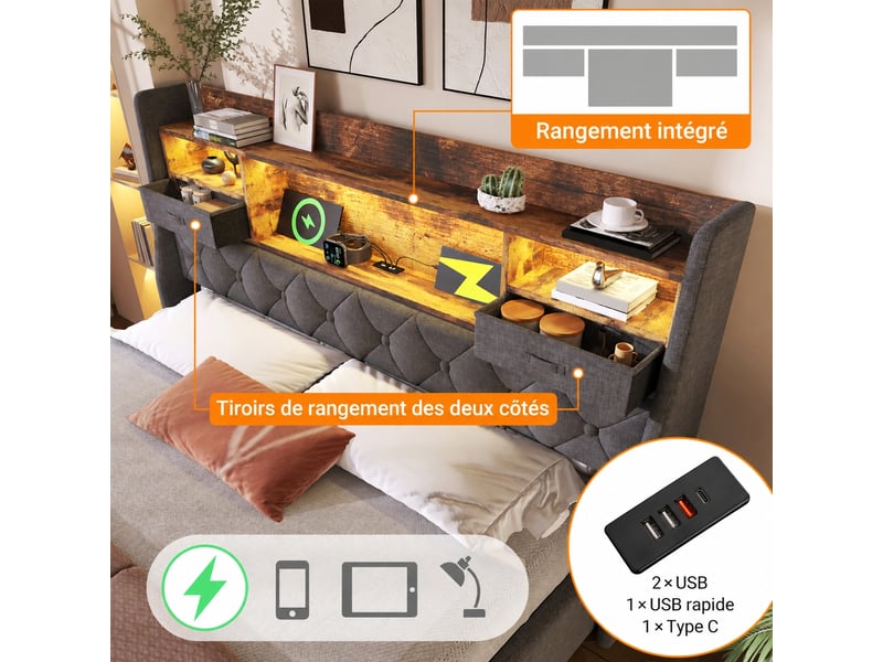  Lit coffre 180 x 200 cm hydraulique, led, usbtype-c, sommier inclus, lin gris  - Conforama D