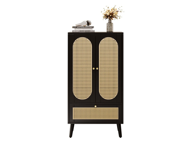  Buffet haut 2 portes et 1 tiroir, 60 cm, noir et rotin evryae  - Conforama A