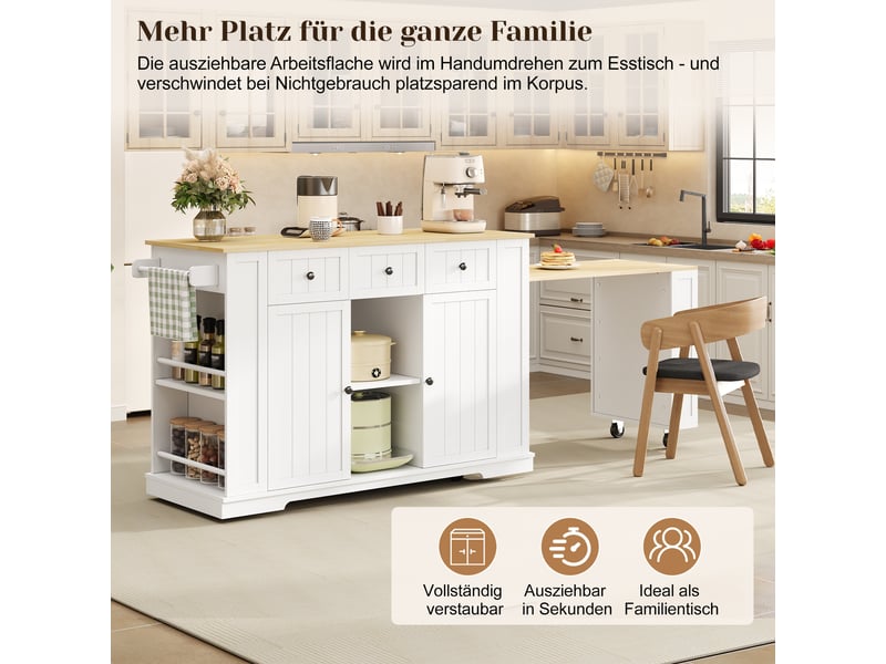  Îlot de cuisine mobile avec table extensible 2 portes et 2 tiroirs 138x55x93 cm  - Conforama E