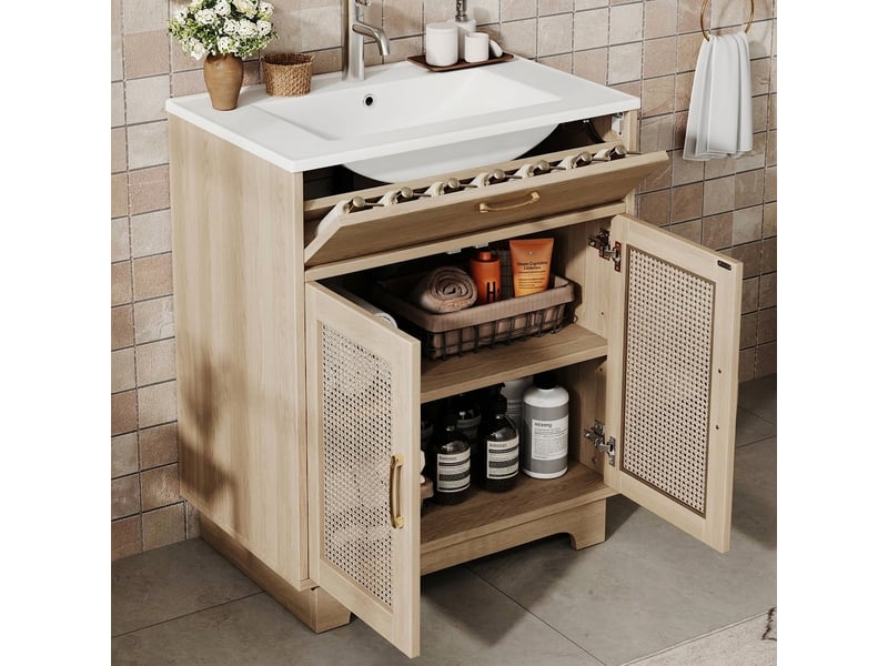  Meuble salle de bain sur pied 76cm avec meuble vasque céramique, mdf et rotin naturel  - Conforama D