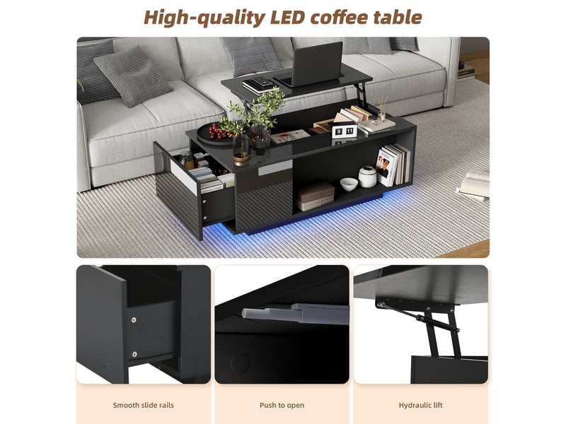  Table basse relevable avec rangement caché, tiroir et led pour salon en panneaux de particules, 100×50×40 cm noire  - Conforama E