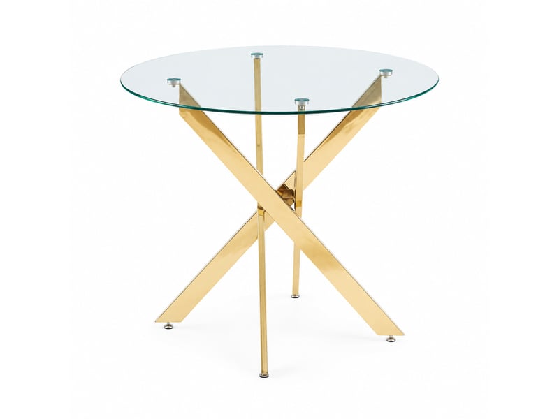  Table à manger ronde ø80 cm, h75 cm, plateau verre trempé, pieds métal croisés, style moderne doré, gain de place chic  - Conforama A