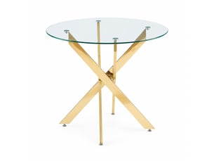 Table à manger ronde 80x75 cm, plateau verre trempé, pieds métal croisés, style moderne doré, gain de place chic