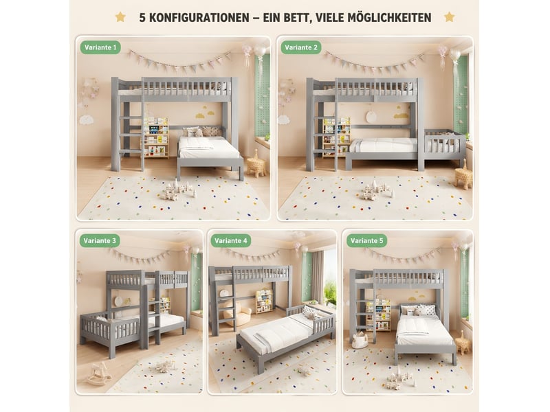  Lit superposé et lit simple modulables 2x90x200 cm, barrières, sommiers inclus, bois gris, sans matelas  - Conforama D