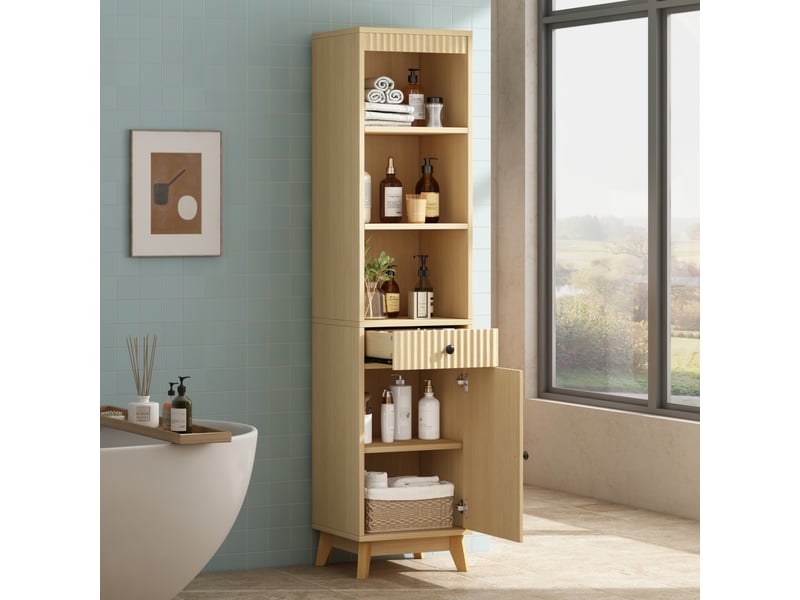  Meuble de salle de bain- 40x36x172cm - meuble haut cannelé avec porte réversible, tiroir &amp; 3 niches - bois naturel  - Conforama C