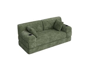 Canapé convertible 2 places en velours côtelé – canapé lit compact avec dossier haut, structure métal, mousse haute densité, porte-gobelets et poches de rangement – vert