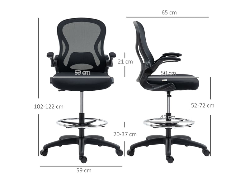  Chaise de bureau avec soutien lombaire, hauteur réglable et accoudoirs rabattables, 59 x 65 x 102-122 cm, noire  - Conforama E