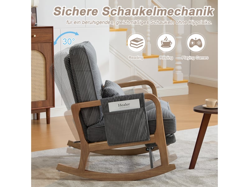  Fauteuil à bascule avec repose-pieds en velours côtelé gris  - Conforama D