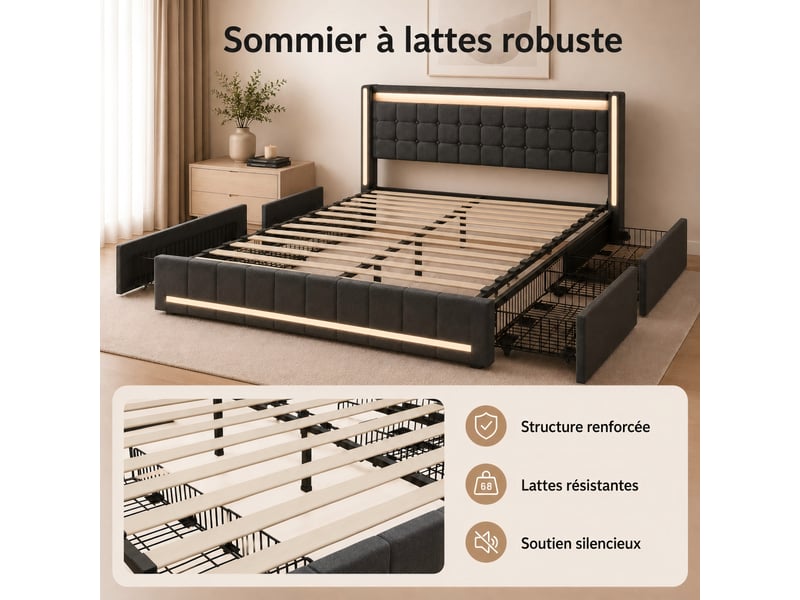  Lit double 140x190 cm avec 4 tiroirs de rangement, éclairage led rgb connecté et ports usbtype-c, KEFSR tissu lino gris  - Conforama W