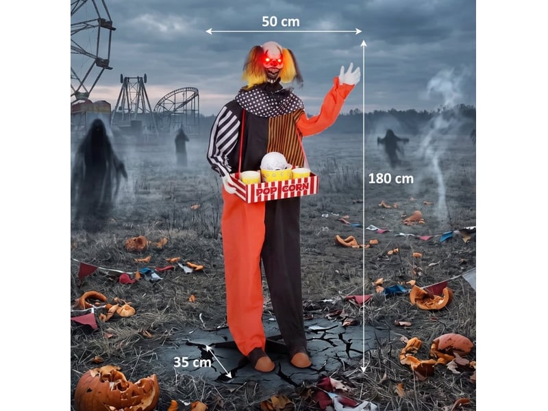  Décoration halloween animée clown pop-corn à tête jaillissante, yeux lumineux et sons, en plastique noir, 50 × 35 × 180 cm  - Conforama E