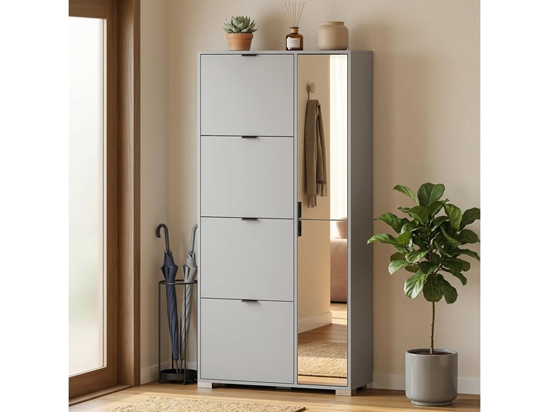  Meuble à chaussures avec miroir, 4 tiroirs à abattants, meuble à chaussures d'entrée, gris  - Conforama D