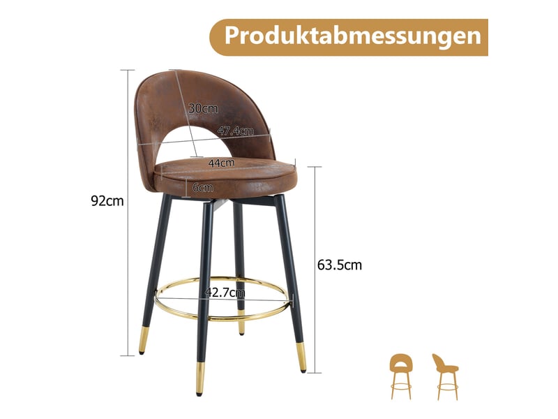  Lot de 2 tabourets de bar 44x47.4x92cm – pivotants à 360° avec dossier ajouré et repose-pieds – similicuir pu - marron  - Conforama C