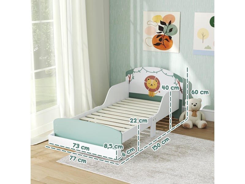  Lit enfant 70 x 140 cm, lit pour enfant avec barriere de securite et sommier à lattes, espace de rangement, vert  - Conforama C