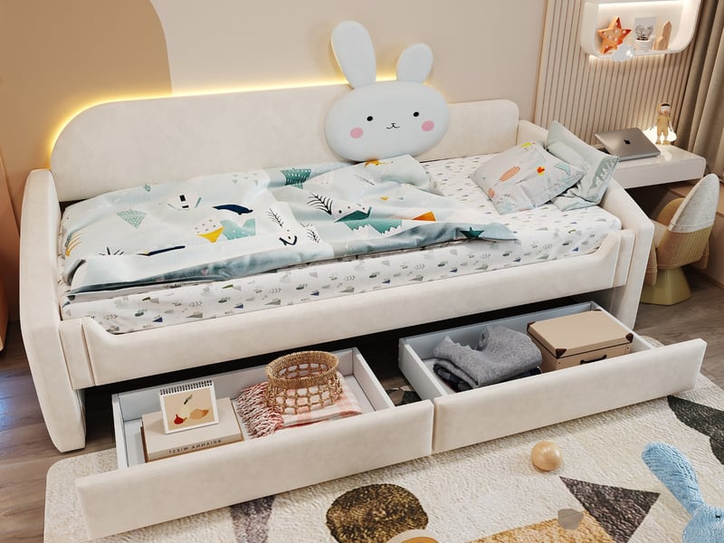  Canapé-lit pour enfant, 90 x 200 cm, avec tiroirs de rangement, éclairage led, dossier avec coussin en forme de lapin, velours, beige  - Conforama B