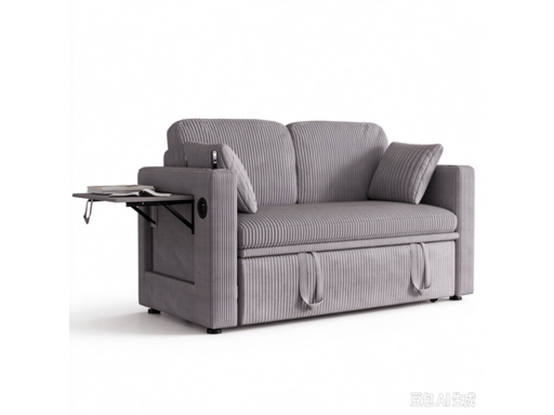  Canapé convertible 2 places en velours côtelé, dossier réglable, coussins, porte-gobelets, tablette et ports usb-c  - Conforama A