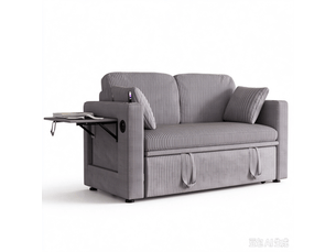 Canapé convertible 2 places en velours côtelé, dossier réglable, coussins, porte-gobelets, tablette et ports usb-c