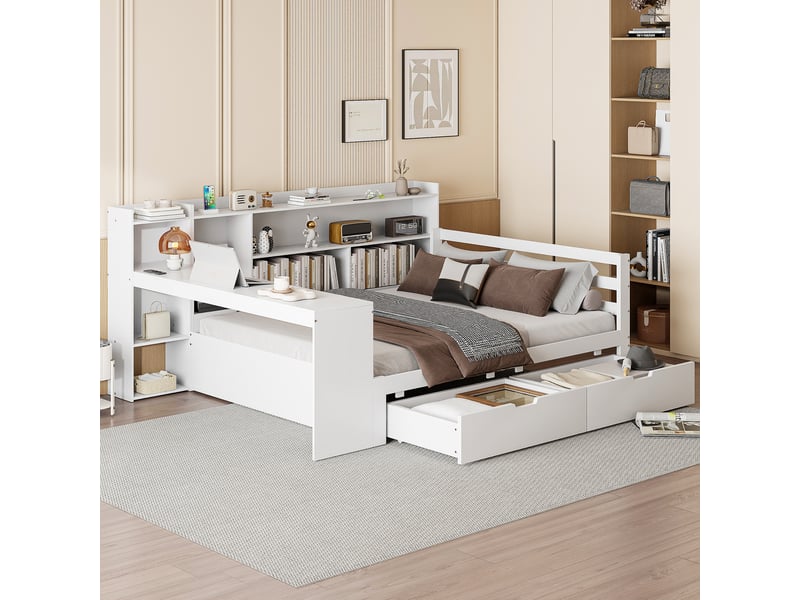 Lit multifonction 140x200 cm avec bureau, rangements et prise, pin blanc, sans matelas - Conforama R