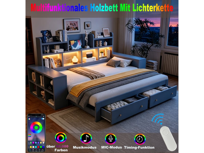  Lit gigogne 1 à 2 places 90×200 cm extensible 180×200 cm, tiroirs - okmyhome- led, prises et rangements, sans matelas, gris  - Conforama E