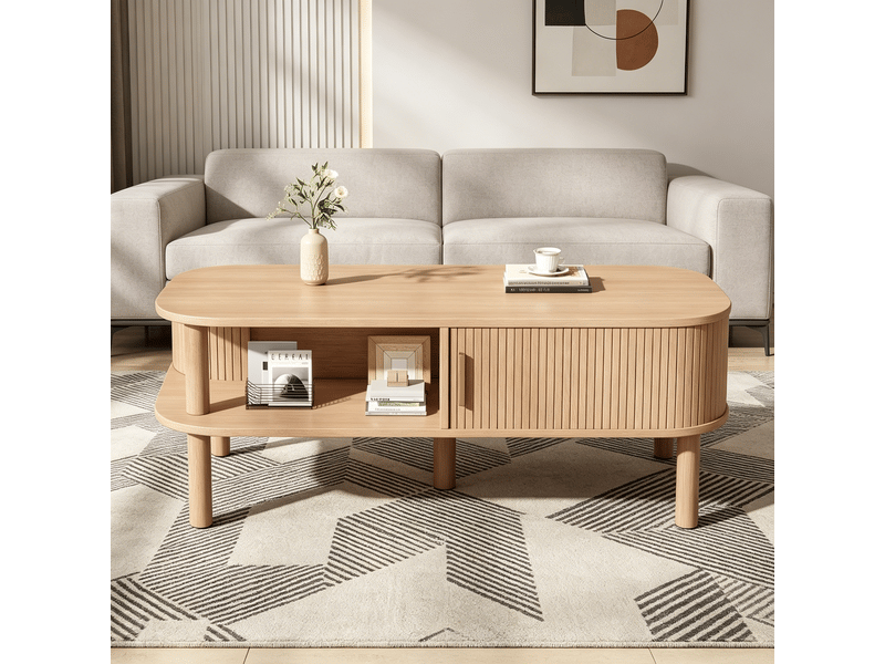  Table basse scandinave bois mdf 110x55x45 cm avec porte coulissante et espaces de rangement  - Conforama D