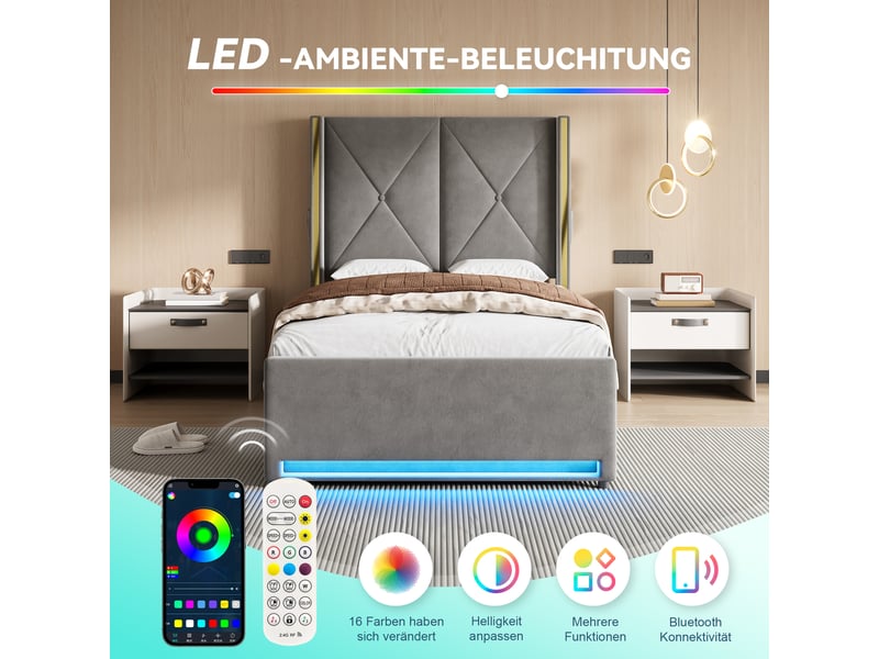  Lit rembourré en velours led usb 90x200 cm avec rangement hydraulique intégré  - Conforama B
