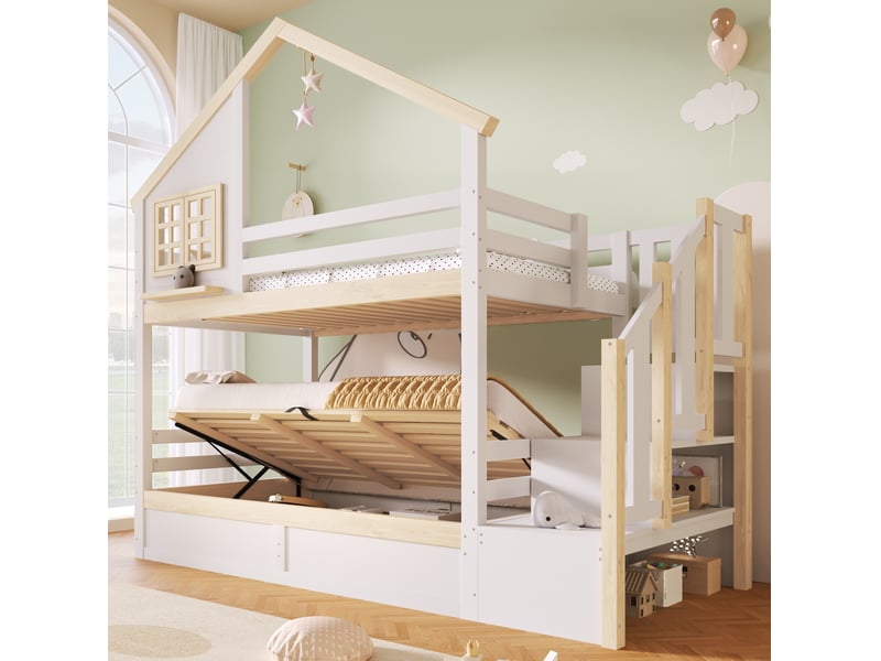  Lit superposé enfant 90x200 cm blanc et naturel avec rangement hydraulique  - Conforama B