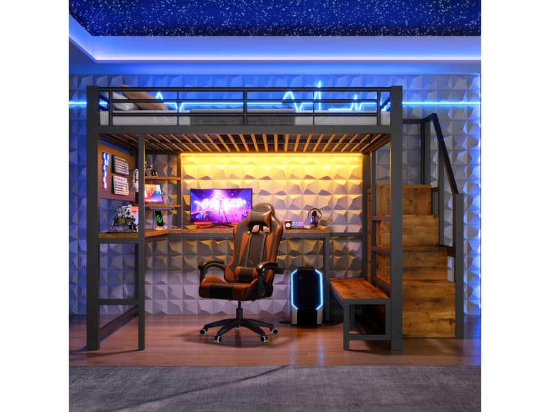  Lit mezzanine 140x200 cm – avec bureau rangement led usb et échelle – métal et mdf – noir CozyNest - Conforama B