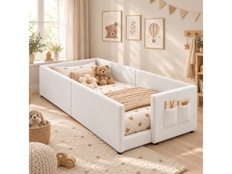  Lit enfant rembourré 90 x 200 cm avec sommier à lattes, côtés matelassés, lit d'appoint pour chambre, blanc  - Conforama B