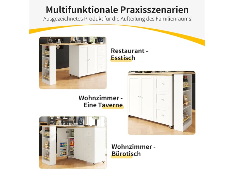 Desserte de cuisine pivotante avec 2 portes, 3 tiroirs et porte-snacks sur roulettes en mdf blanc pour séjour - Conforama E