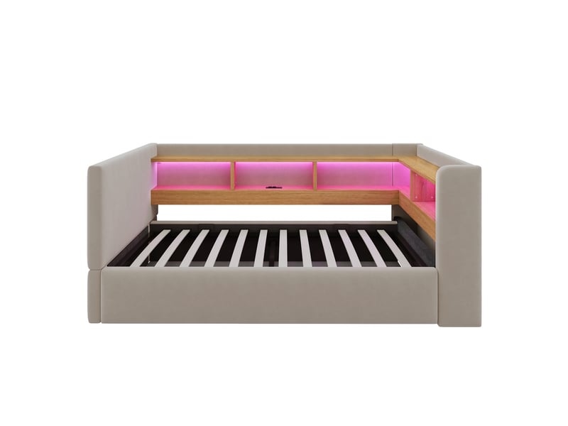 Lit coffre 90x190 cm - lit 1 place avec rangement hydraulique, led, prises et rangements - canapé-lit multifonction - gris - Conforama W