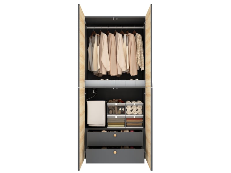  Armoire 2 portes avec penderie, porte-pantalons, boîte et 2 tiroirs en mdf, bois et gris, 90 × 50 × 200 cm  - Conforama A