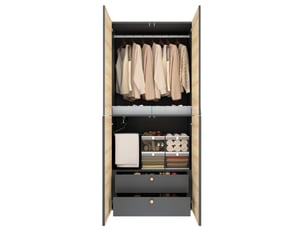 Armoire 2 portes avec penderie, porte-pantalons, boîte et 2 tiroirs en mdf, bois et gris, 90 × 50 × 200 cm