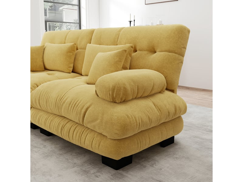 Canapé d'angle cloud en chenille beige clair, sofa salon avec 2 coussins lombaires, 2 coussins déco, 2 ottomans, larges accoudoirs - Conforama C