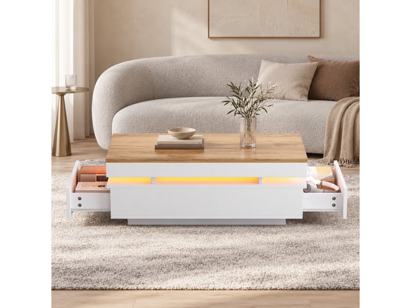 Table basse led blanc et bois avec 2 tiroirs, finition brillante, éclairage d’ambiance, 100x50x35 cm - Conforama B