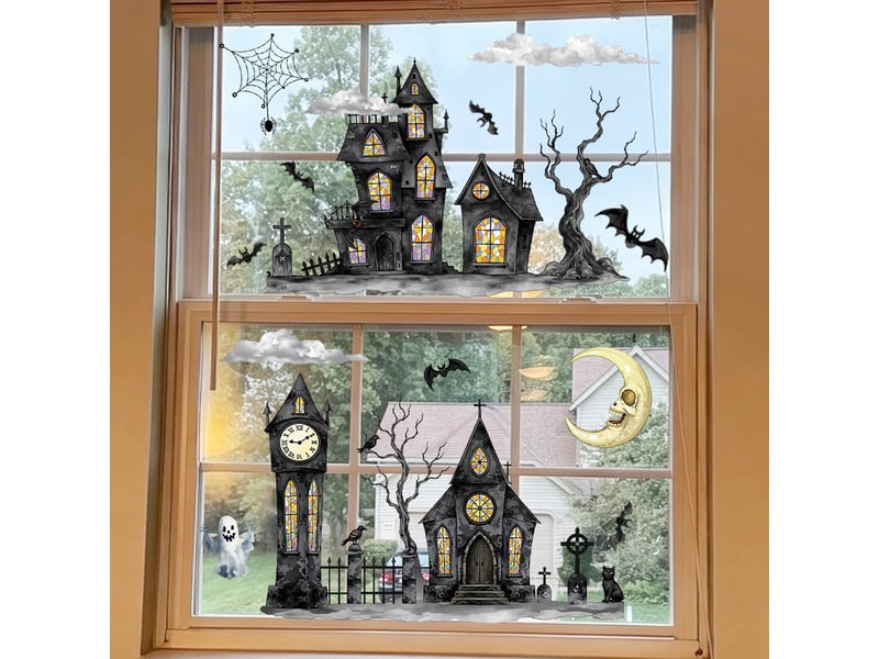  Lot de 2 décalcomanies halloween 20x30cm, motif maison hantée et fantômes – adhérence statique double face, sans colle ni résidu  - Conforama D