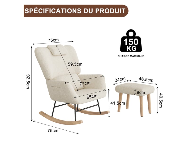  Fauteuil à bascule avec repose-pieds - 75x75x92.5cm - chaise berçante avec poches latérales et appui-tête en bouclette - beige  - Conforama E