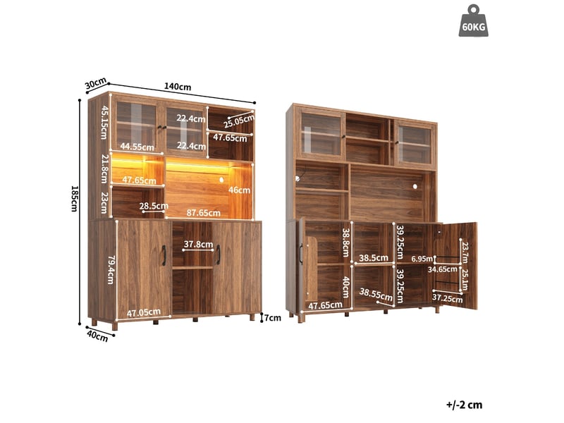 Armoire haute 120x40x185 cm, avec led, buffet de cuisine, portes coulissantes en verre, style rétro, mdf, coloris noyer - Conforama C