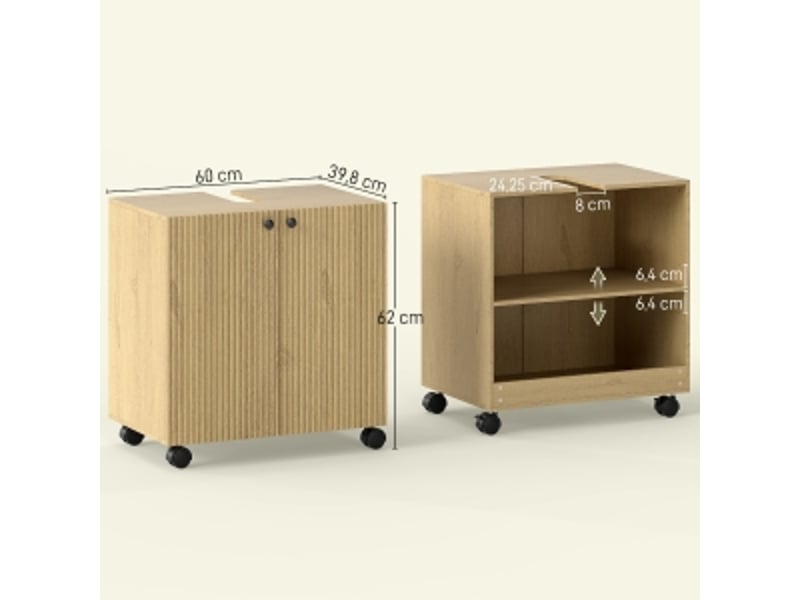 Meuble sous vasque 2 portes, étagère réglable et roulettes verrouillables, salle de bain, bois naturel 71.5×46.5×15.5 cm - Conforama D