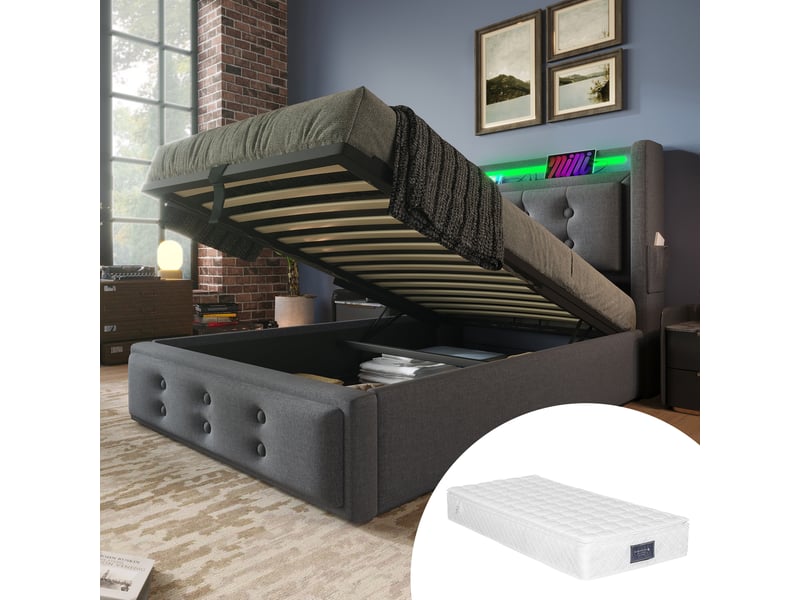  Lit rembourré, lit enfant 90x200 cm, rangement hydraulique, led, usb, sommier à lattes, charge 150 kg, lin gris, matelas inclus  - Conforama A